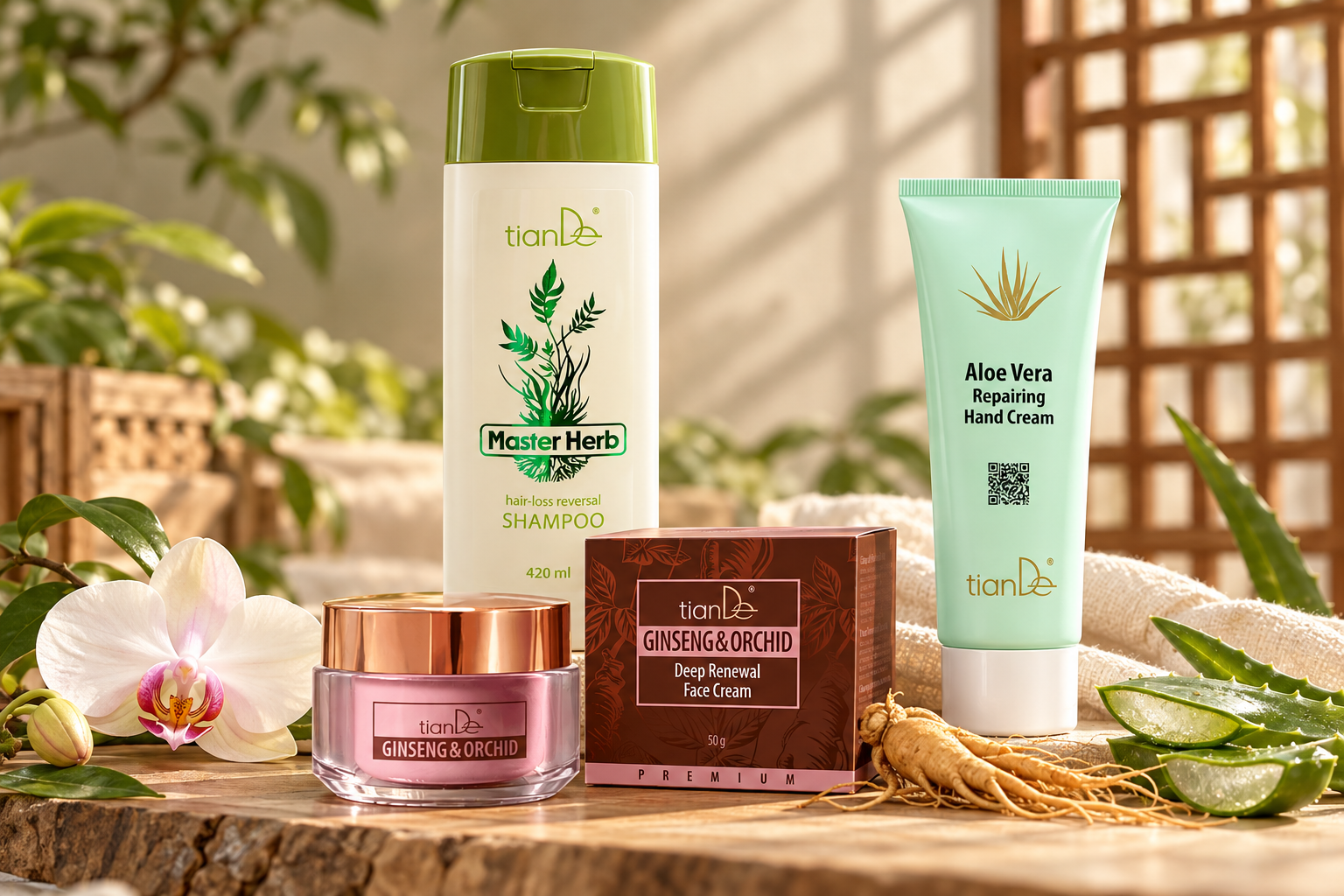 Skutočné produkty tianDe: šampón Master Herb, krém Ženšen a orchidea a krém na ruky Aloe Vera v botanickom zátiší