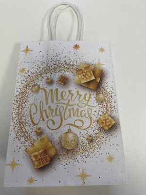 Bielo-zlatá taška merry xmas darčeky